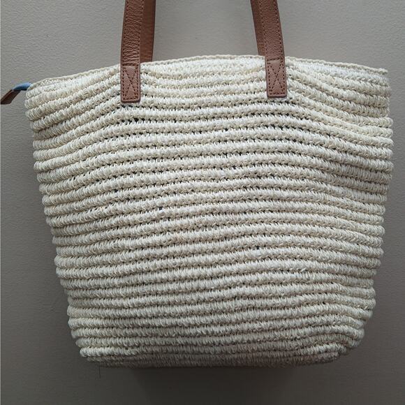 Talbots Leather Trim Straw Shoulder Tote Bag Boho Beach Vacation Coastal Cruise - Picture 2 of 15